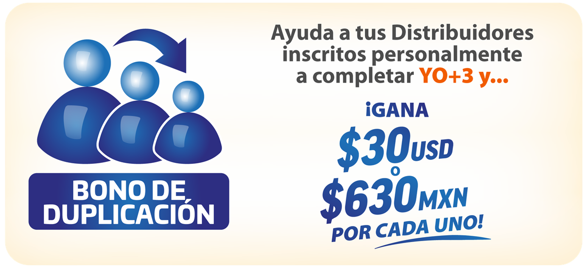 Bono de Duplicación: ayuda a tus Distribuidores inscritos personalmente a completar YO+3 y gana $30 USD o $630 MXN por cada uno